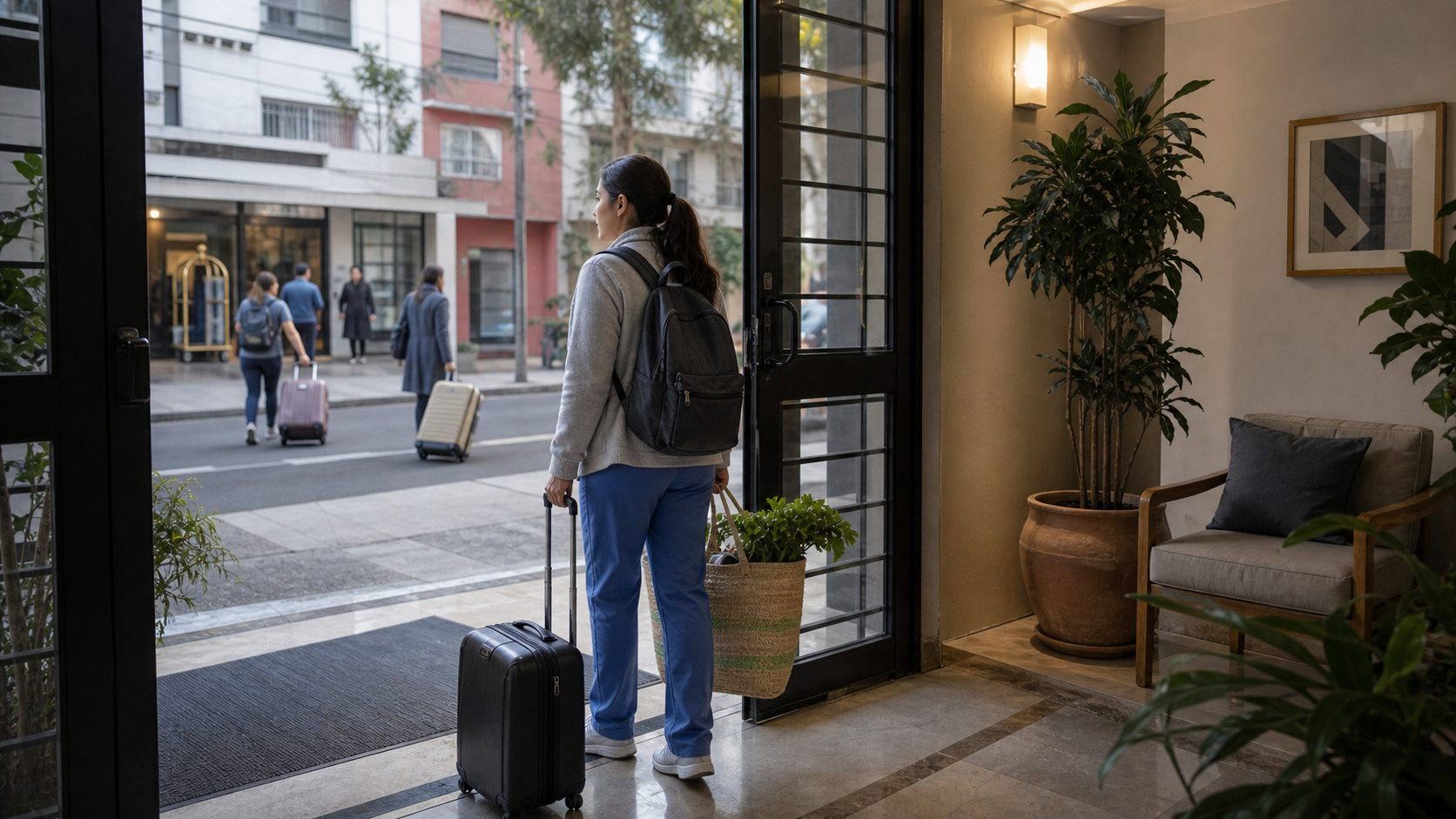 Medical guest arrives at a furnished building entrance while comparing monthly stay options near Hospital General de Mexico.