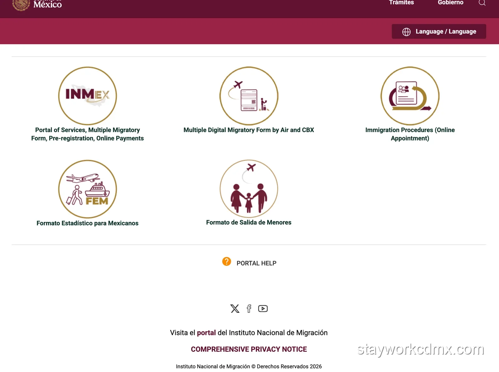 Mosaicos del Portal de Servicios del INM, incluido Trámites Migratorios (cita en línea).