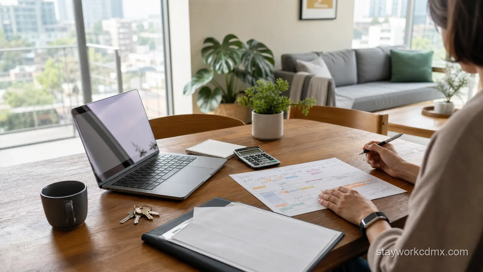 Apartment owner marking up a printed year calendar beside a laptop, contract folder and keys in a Mexico City apartment
