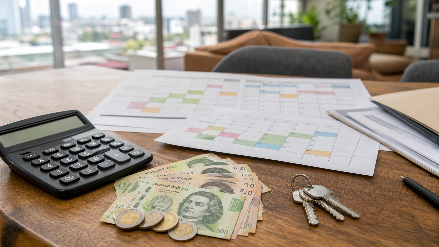 Calculadora, pesos, calendario y llaves sobre una mesa para planear ingresos de un departamento amueblado en CDMX bajo un modelo híbrido.
