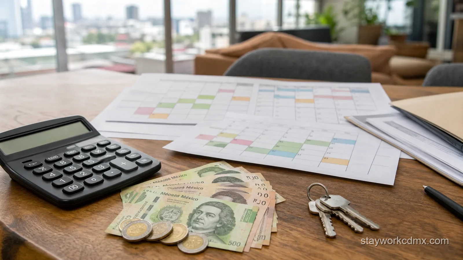 Calculator, Mexican peso notes and coins, printed booking calendars and apartment keys on a table in a Mexico City apartment