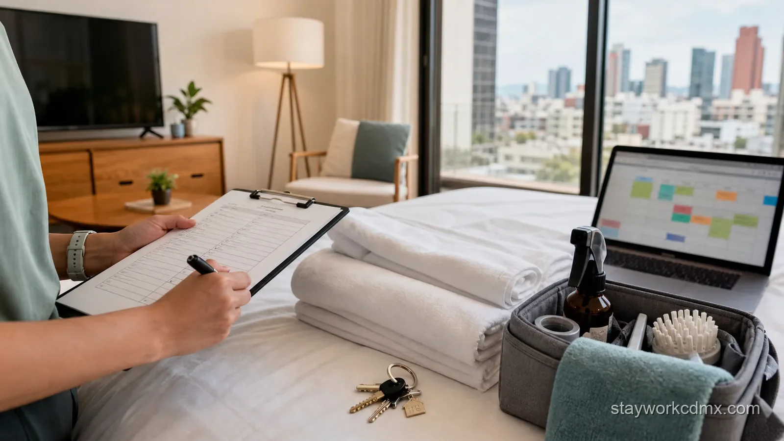 Property manager checking a turnover list beside folded linen, cleaning supplies and apartment keys in a furnished Mexico City rental