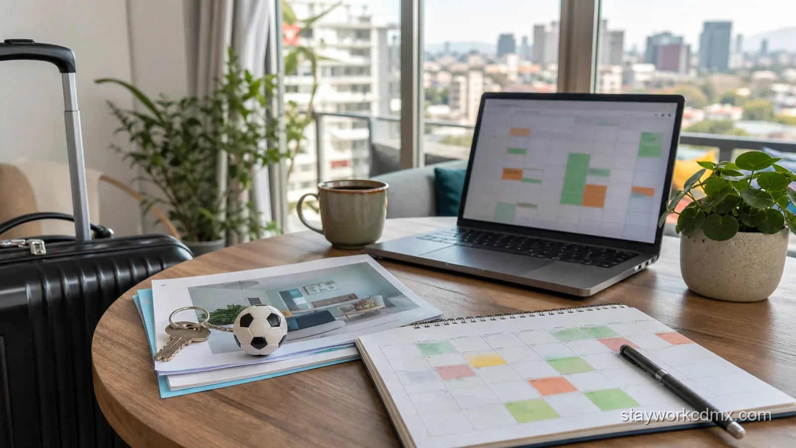 Planeación de calendario para departamento amueblado en CDMX durante una temporada de alta demanda por eventos, con laptop, llaves y maleta.