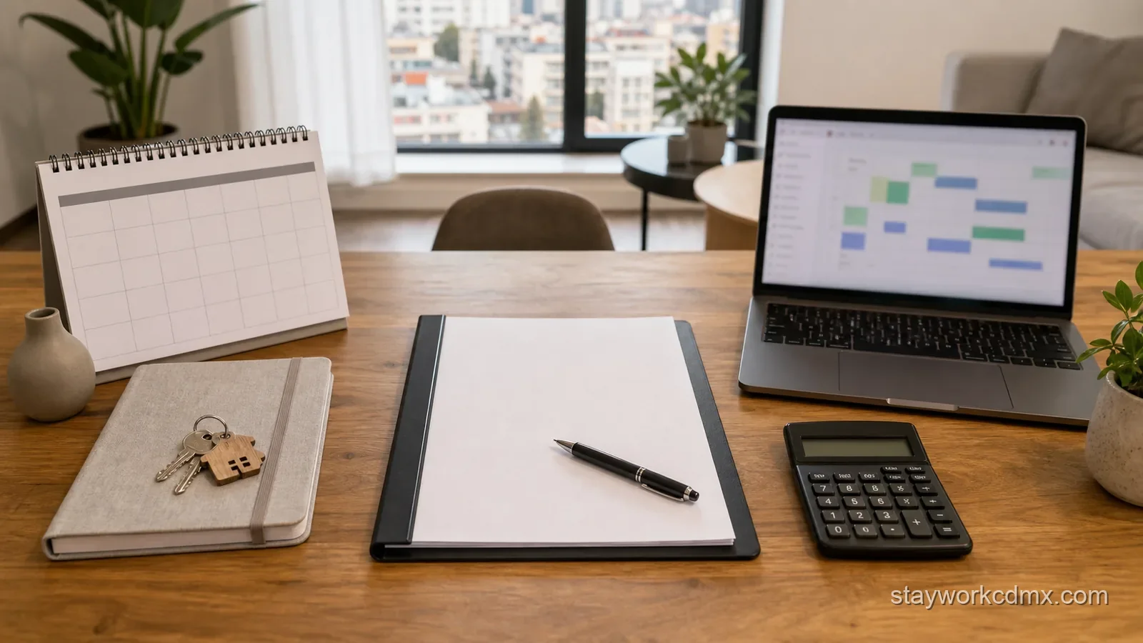 Desk in a furnished Mexico City apartment with a blank calendar, apartment keys, an unsigned agreement, a calculator and a booking schedule on screen