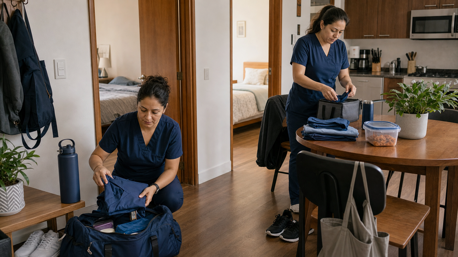 Nursing staff organizing shifts, meals, laundry, and family support inside a furnished Mexico City apartment.