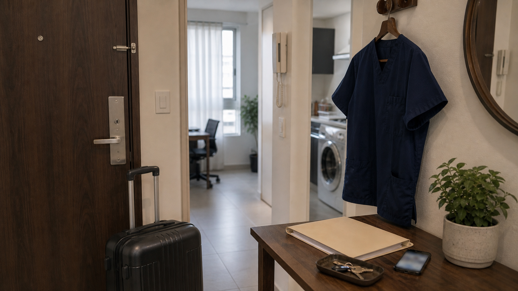 Apartment entry details for a medical rotation booking with keys, suitcase, scrub jacket, and blank rental folder