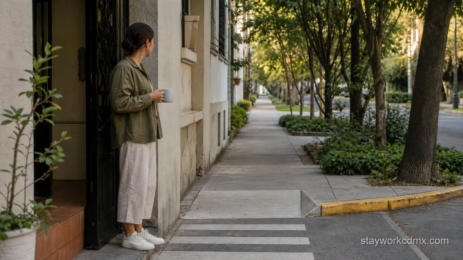 Long-stay resident assessing an apartment doorstep, curb cut, and comfortable last-mile walking route in Mexico City.