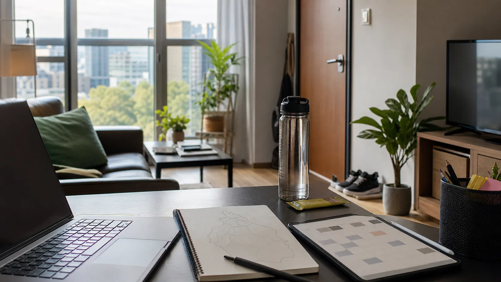 Light remote workday setup in a Mexico City apartment with hydration, walking shoes, laptop, and an abstract arrival plan for adjusting to altitude.