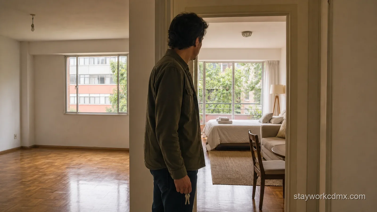 An unfurnished Mexico City rental room beside a ready furnished monthly apartment interior.