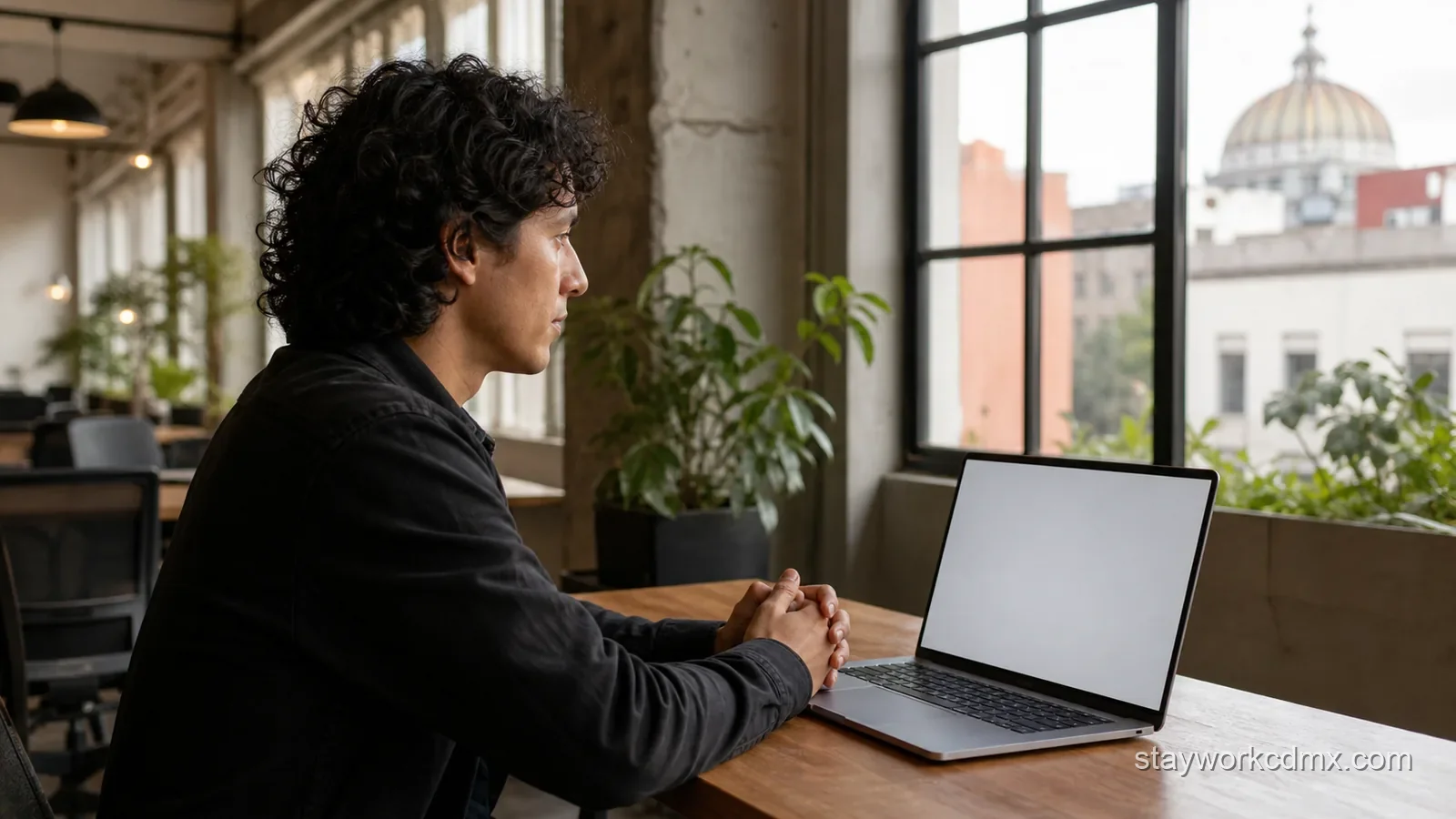Remote worker seated attentively at an unbranded blank-screen laptop in a quiet Mexico City coworking space before an important video call.