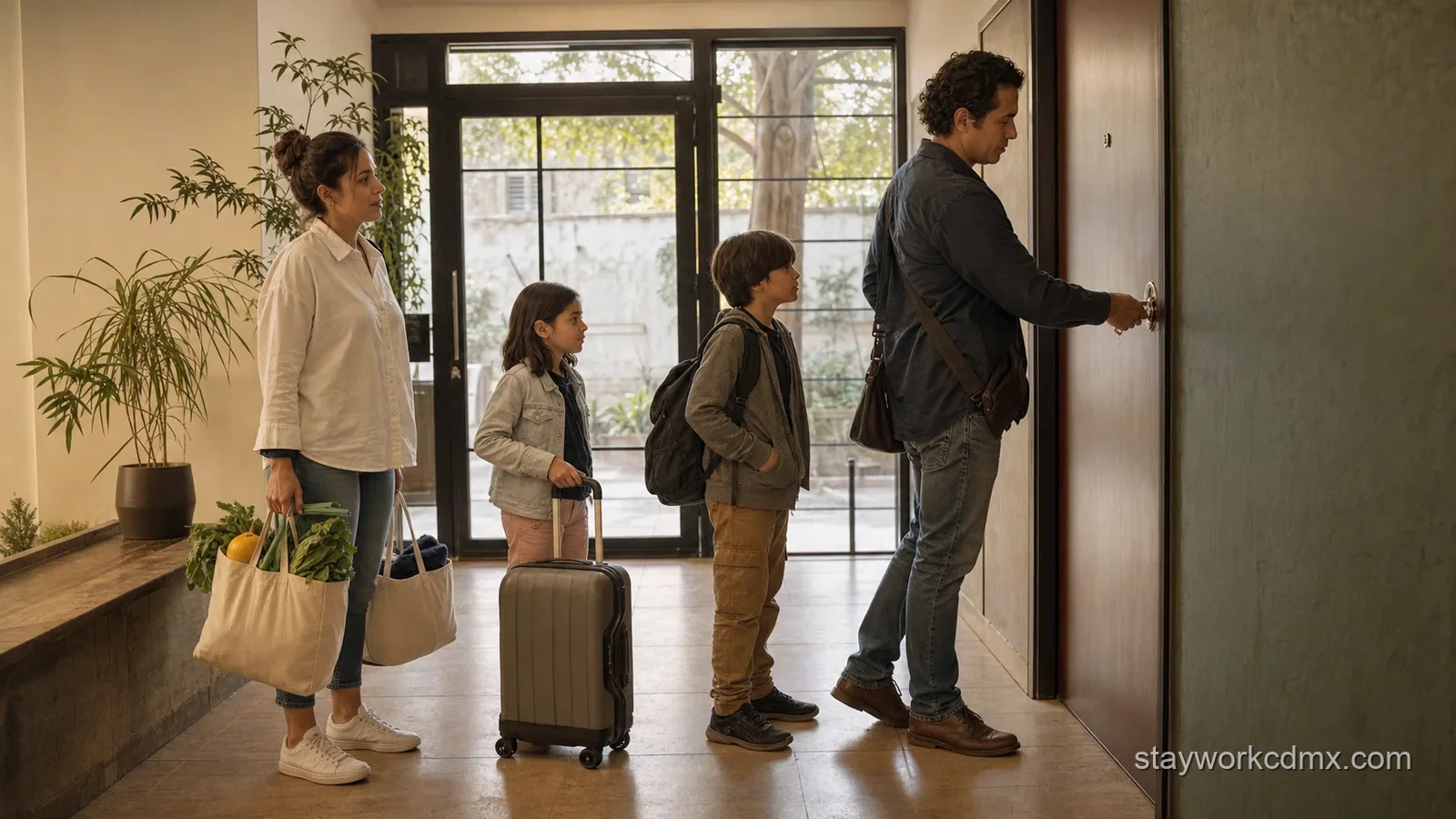 Family arriving at a secure Mexico City vacation rental with groceries, a small laundry tote and keys ready for an easy first evening.