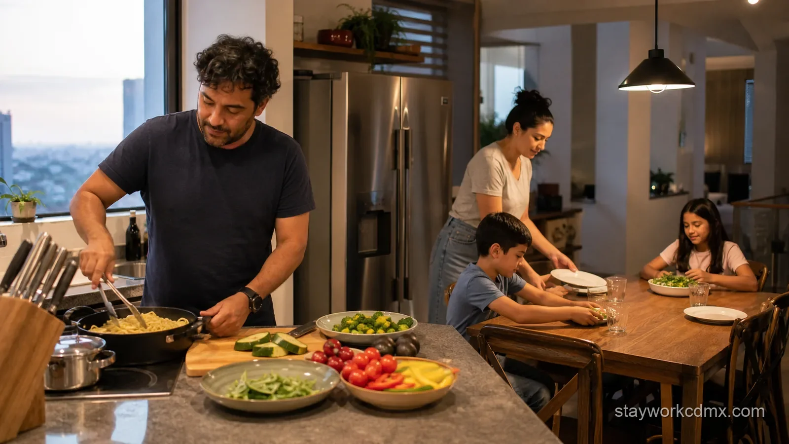 A parent prepares a simple family meal in the well-equipped kitchen of a Mexico City vacation rental while children sit nearby at a dining table.