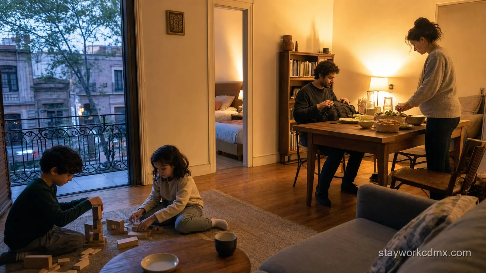 Family of four using the living and dining area of a furnished two-bedroom Mexico City vacation rental after a day out.
