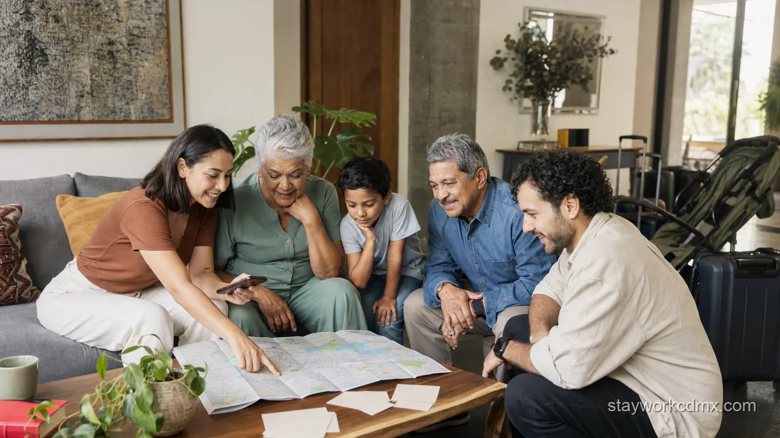 A family compares neighborhood options and confirms a Mexico City vacation rental booking in a bright apartment living room.