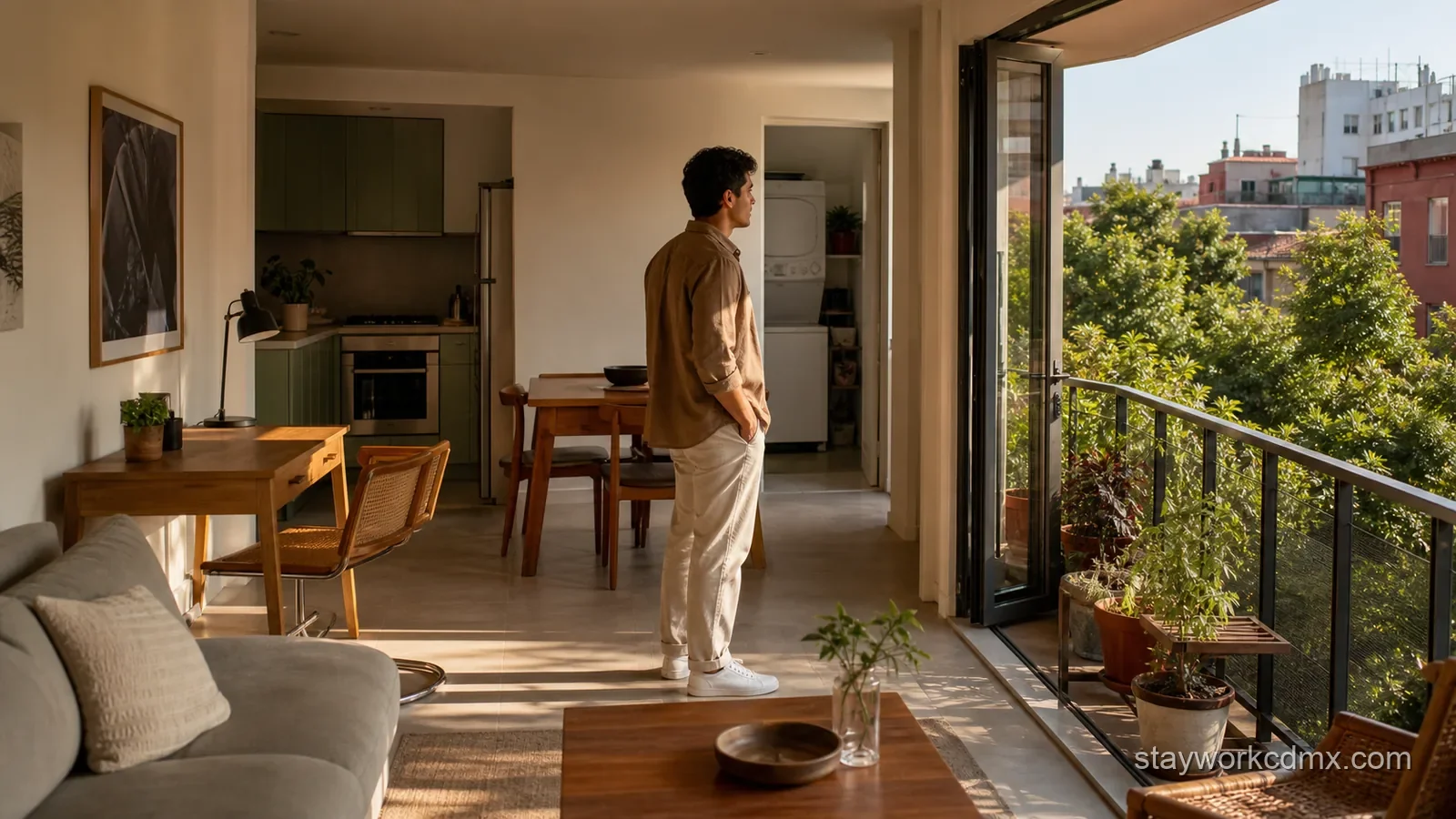 A renter checking the kitchen, workspace, laundry nook, and balcony of a furnished Mexico City apartment before booking a monthly stay.