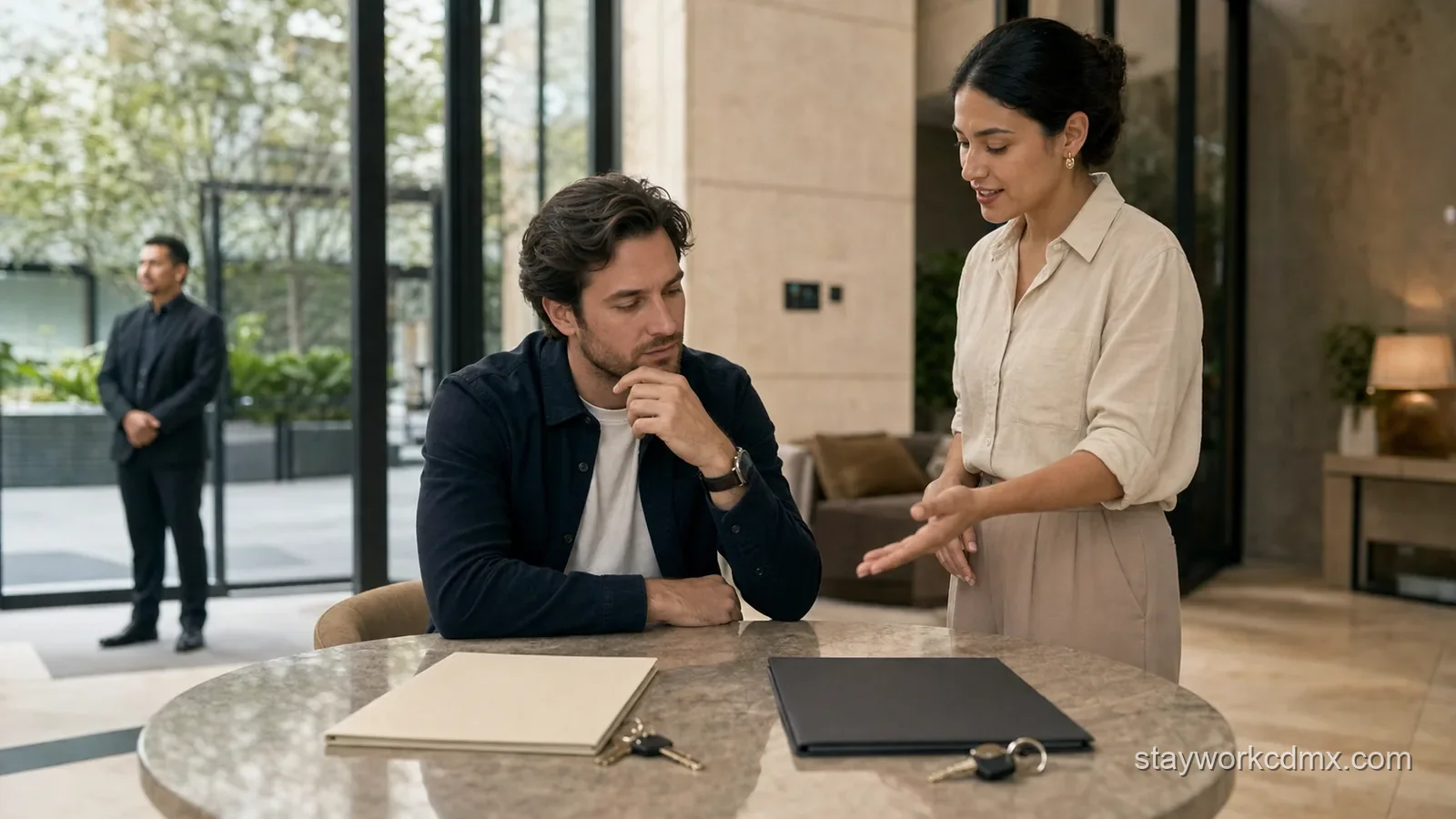 Guest compares two furnished monthly booking routes with a local support representative in a Mexico City apartment lobby before choosing a stay.