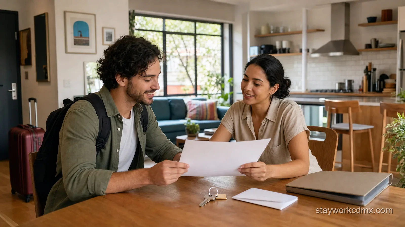 Guest and local host reviewing written monthly booking terms during key handover in a furnished Mexico City apartment.