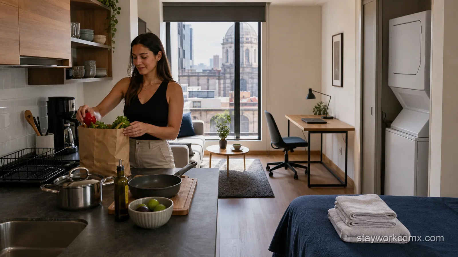 Furnished Mexico City one-bedroom showing an equipped kitchen, work desk, linens, and in-unit laundry for a monthly stay