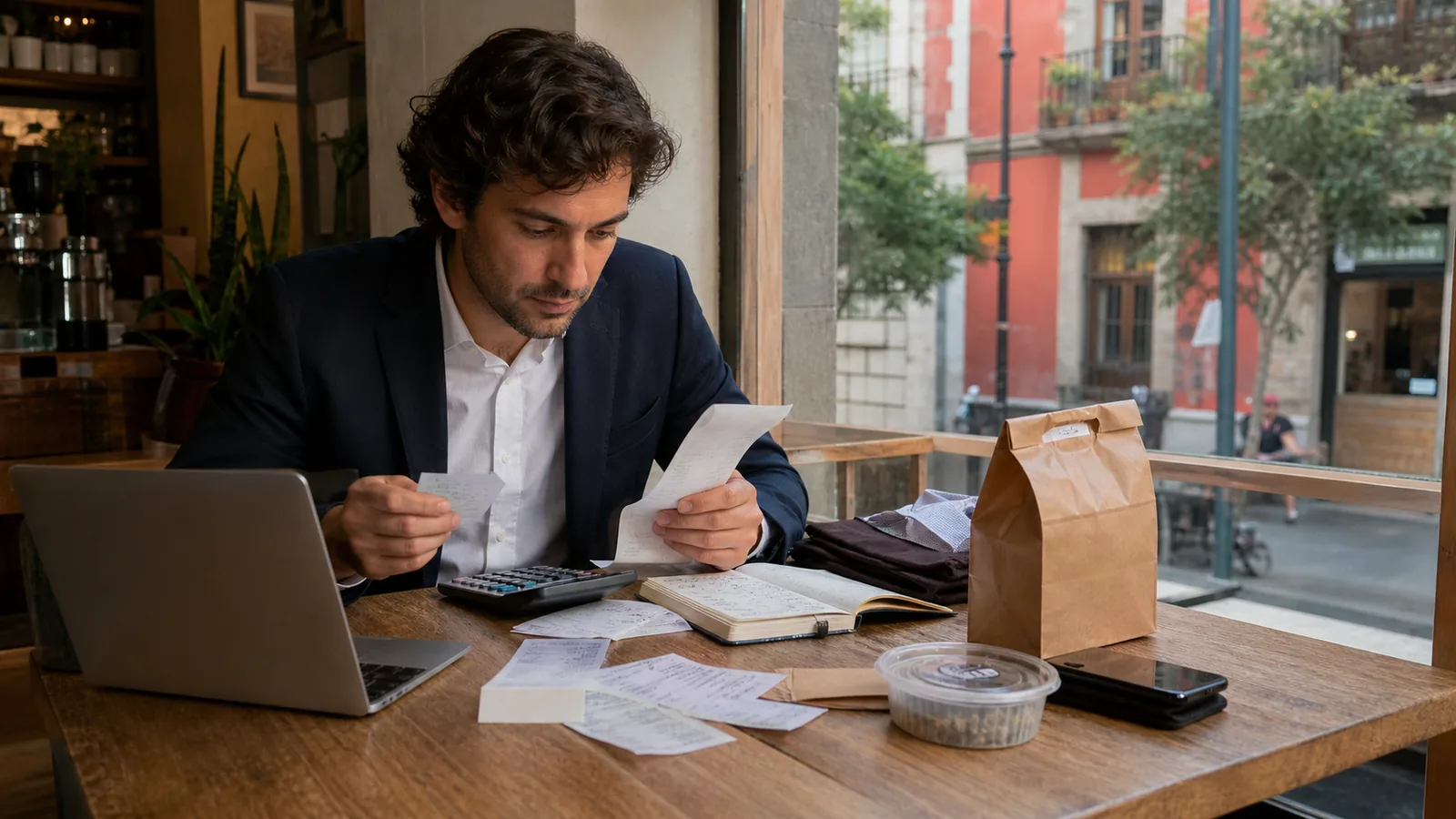 Business traveler in Mexico City reviews hotel receipts showing how monthly costs can grow beyond the room rate.