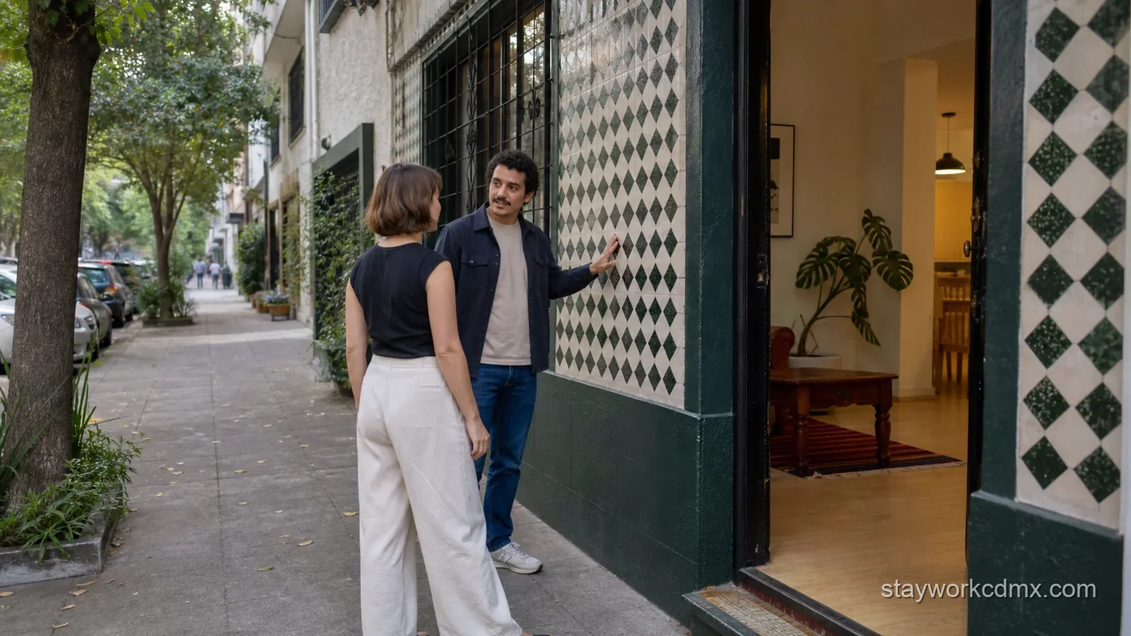 Prospective renter verifying a Mexico City apartment building with a local host before booking.