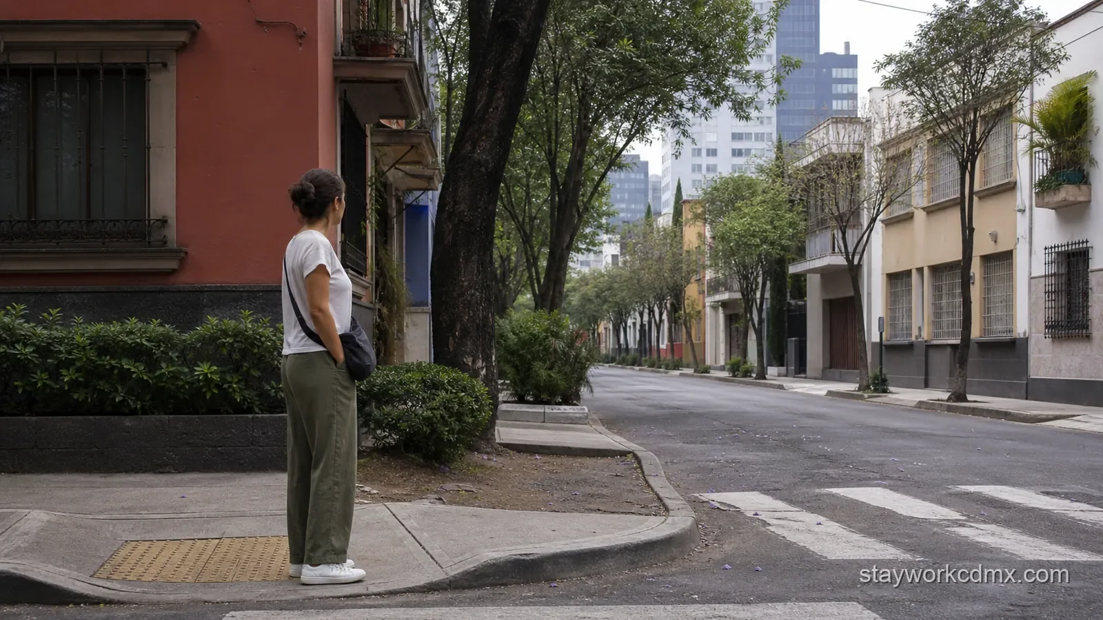 Visitor assessing the curb, sidewalk, and entrance route on a residential Mexico City block before choosing a vacation-rental location.