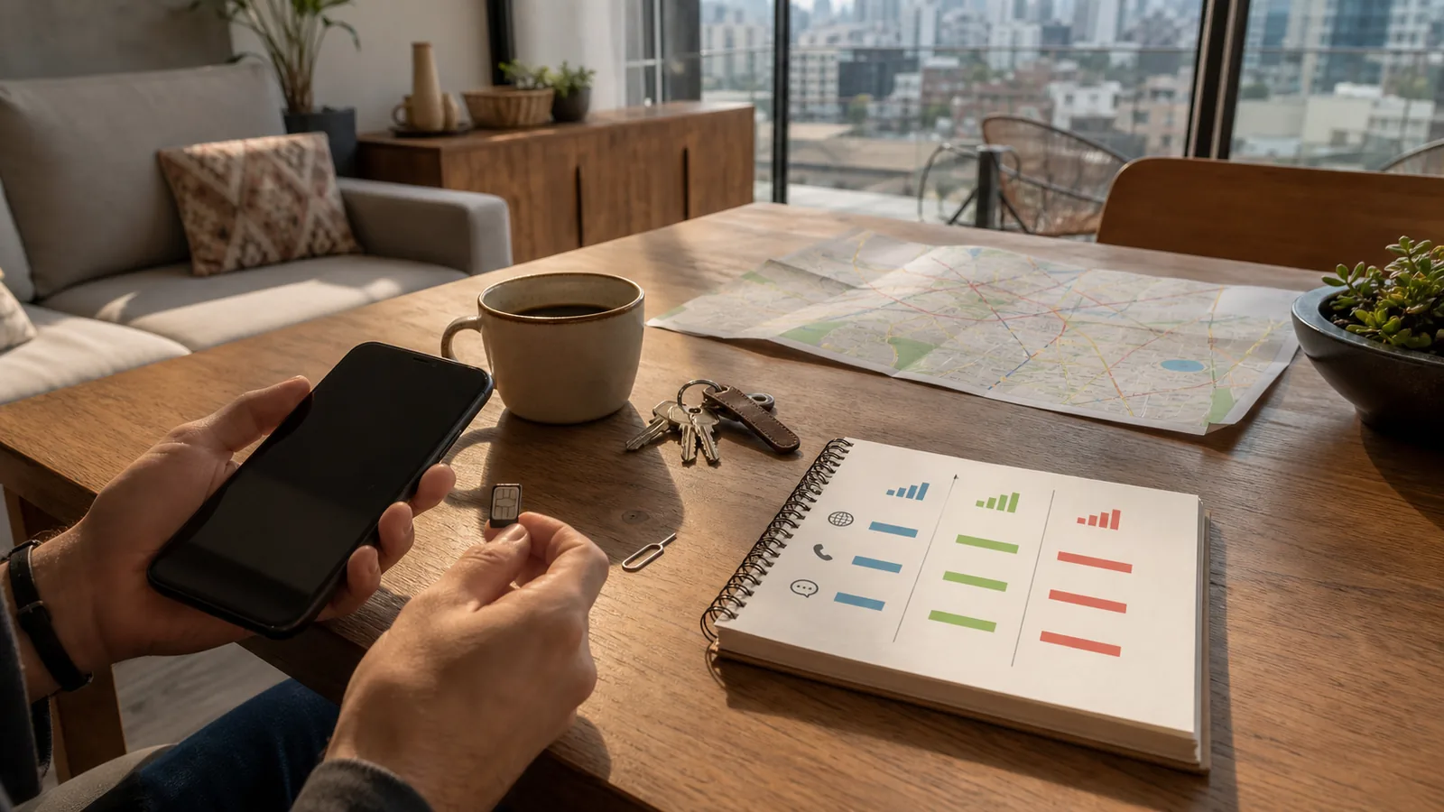 Digital nomad compares Mexico City SIM provider options on an unlocked phone in a furnished apartment before setting up local mobile service.