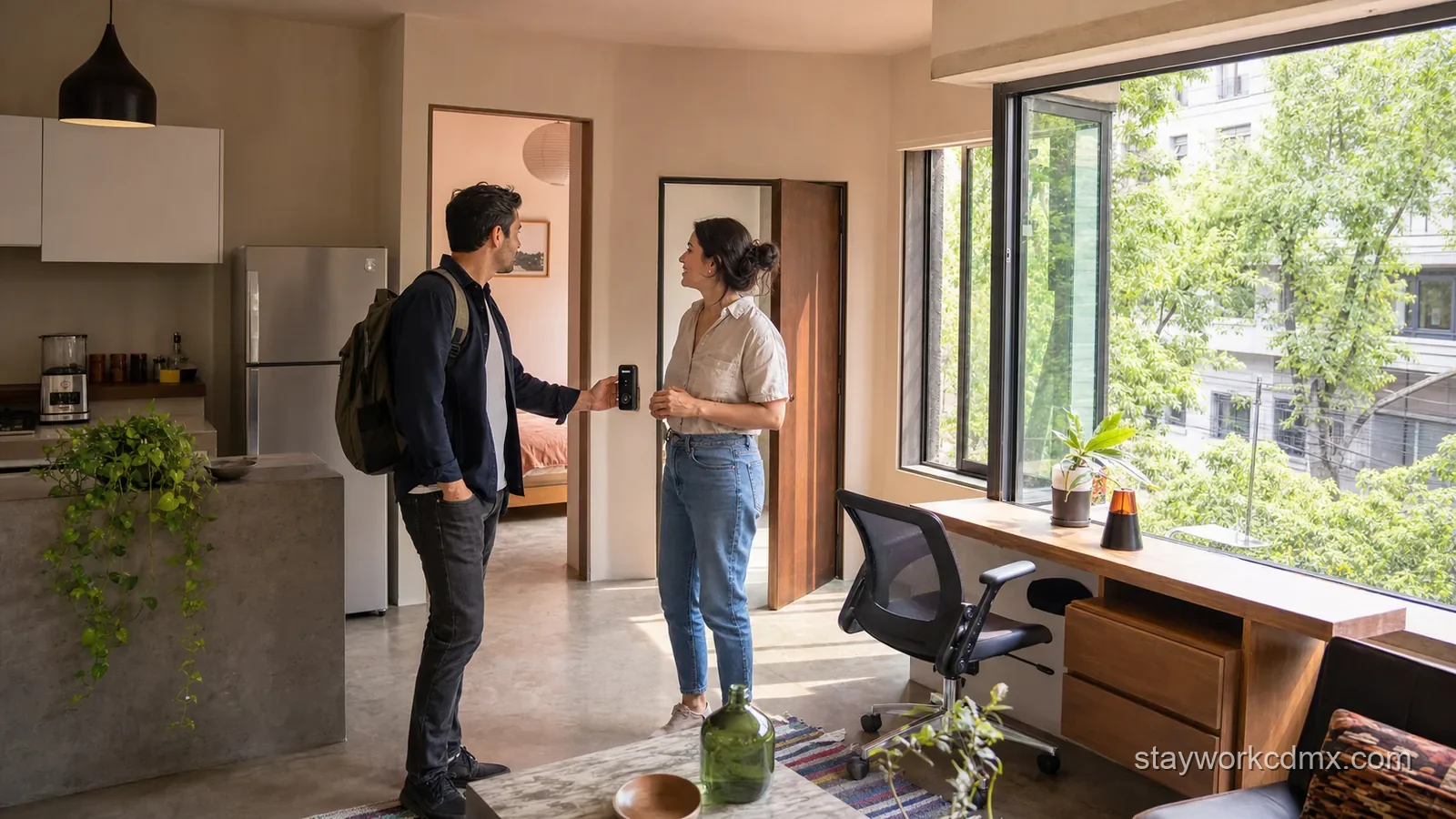 Traveler validates a furnished Mexico City vacation rental with the host by checking the actual entry, kitchen, and workspace.