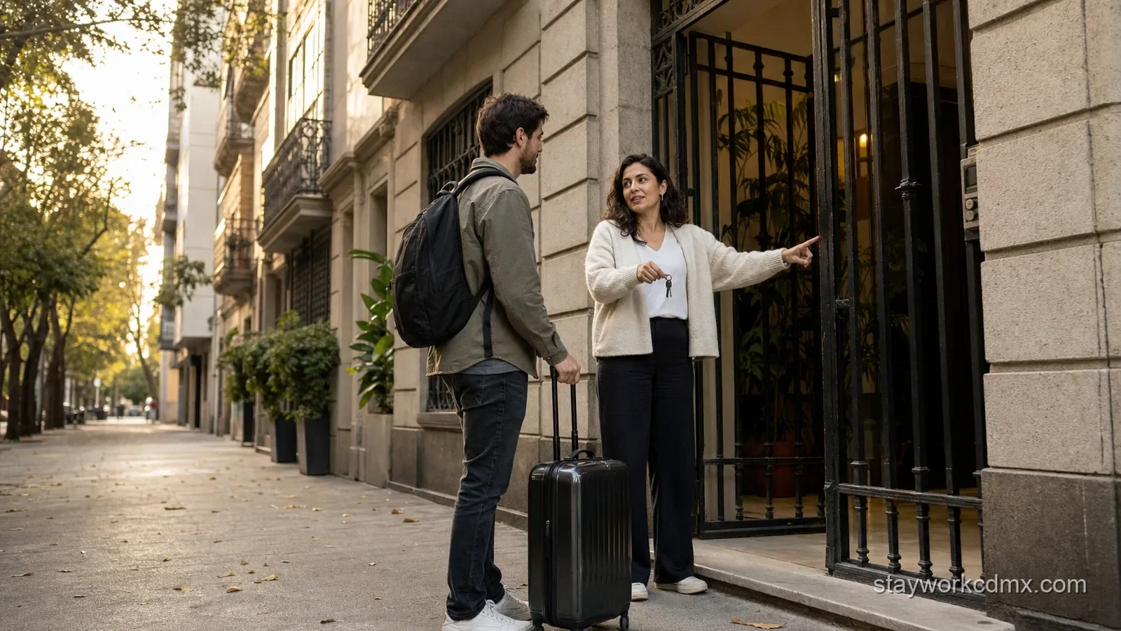 Long-stay traveler receiving keys and arrival guidance from a local rental host outside a Mexico City residential building.