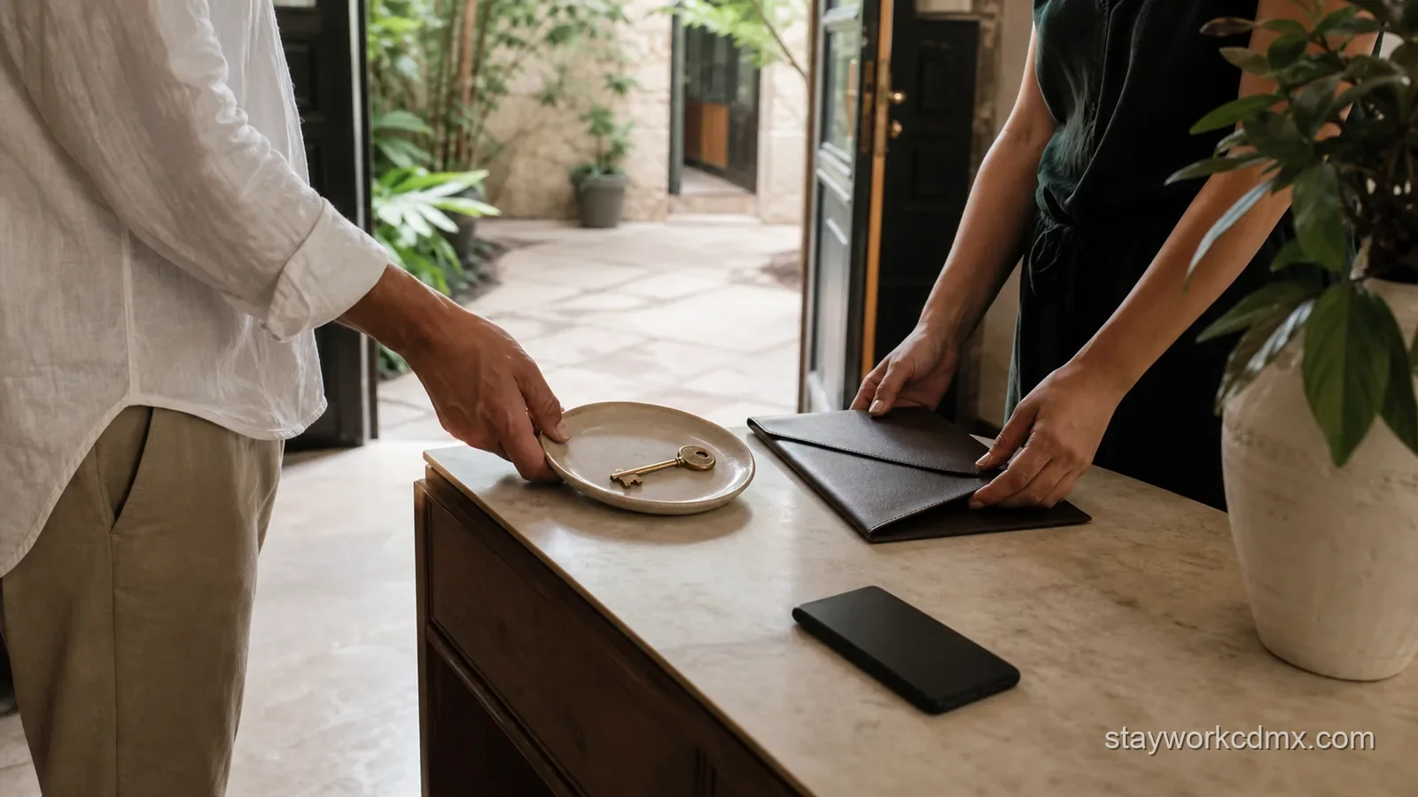 Guest and host completing a documented vacation-rental payment and key handoff in a Mexico City apartment entryway.