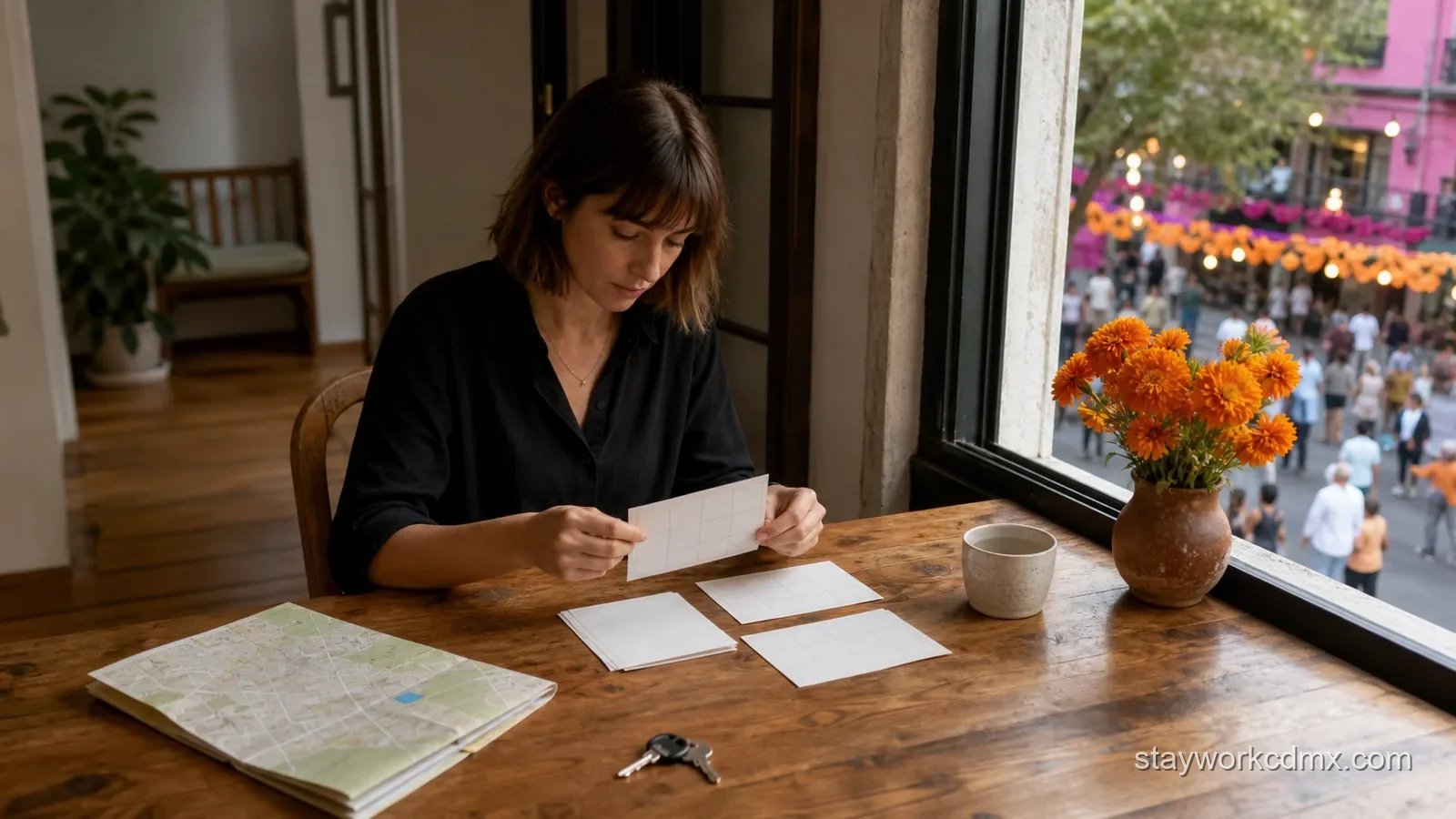Traveler planning a Mexico City vacation rental around a high-demand seasonal event with a neighborhood map, itinerary, and apartment keys.