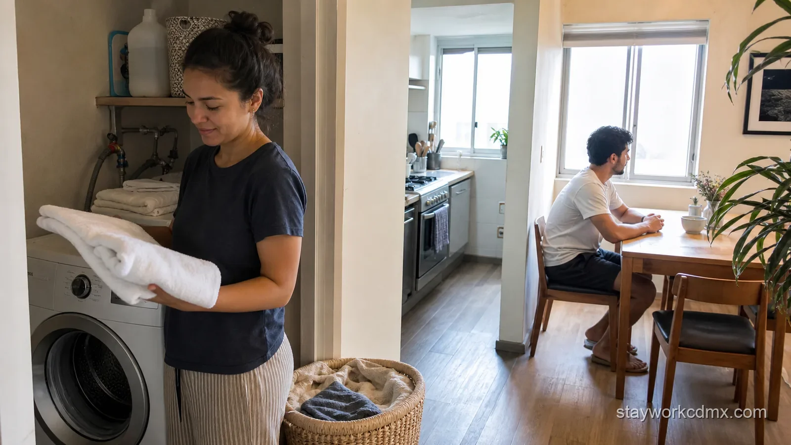 Two long-stay guests use an in-unit laundry alcove and separate dining space in a furnished Mexico City vacation-rental apartment.