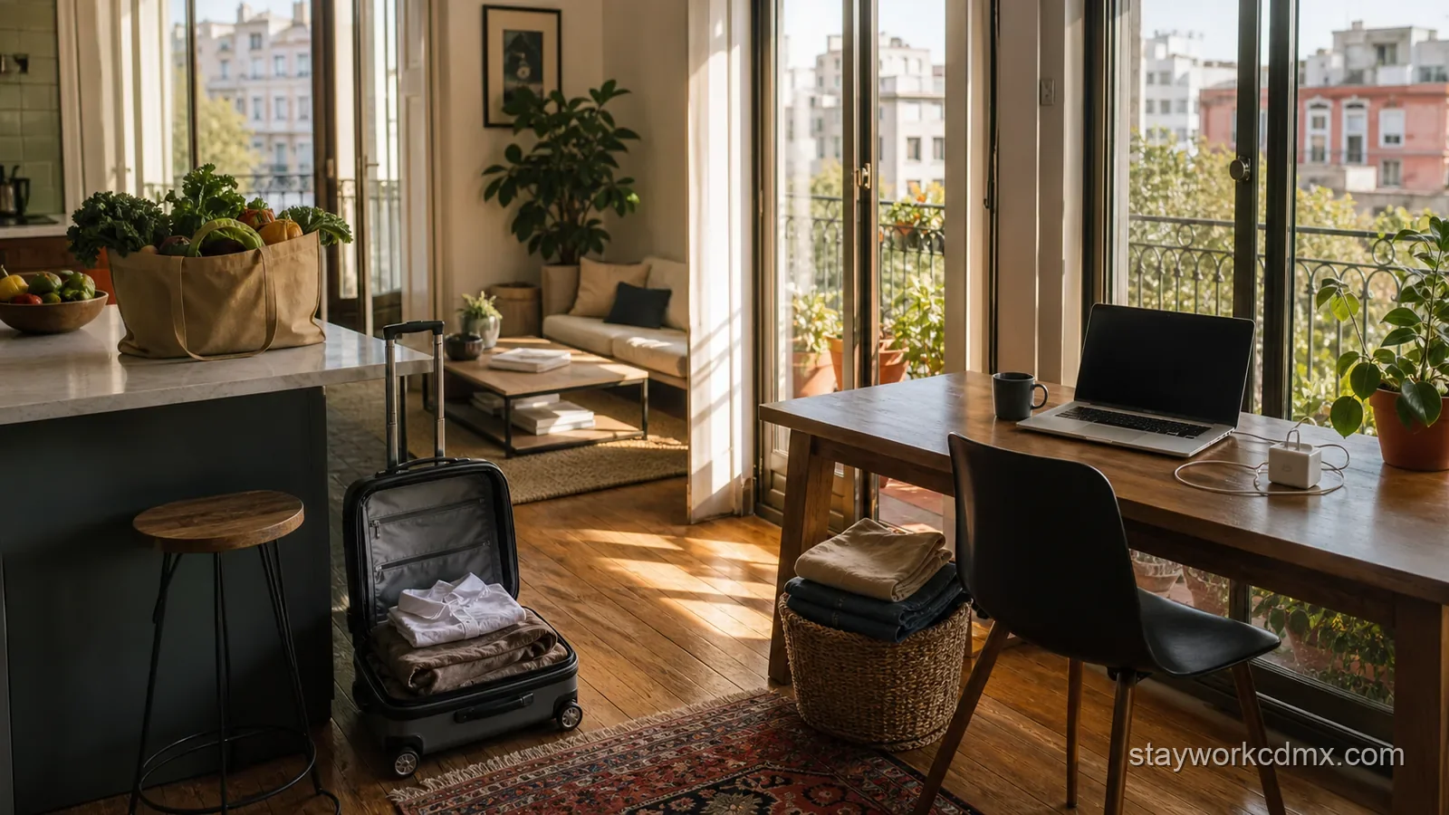 A Roma Norte vacation-rental apartment with groceries, laundry, luggage, and a dedicated work desk for a longer Mexico City stay.
