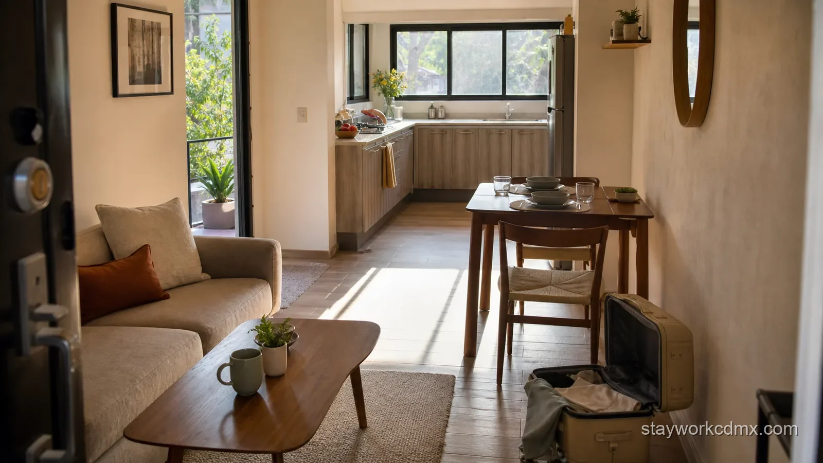 Furnished Mexico City vacation-rental apartment with separate living, dining, and kitchen space for a longer stay.