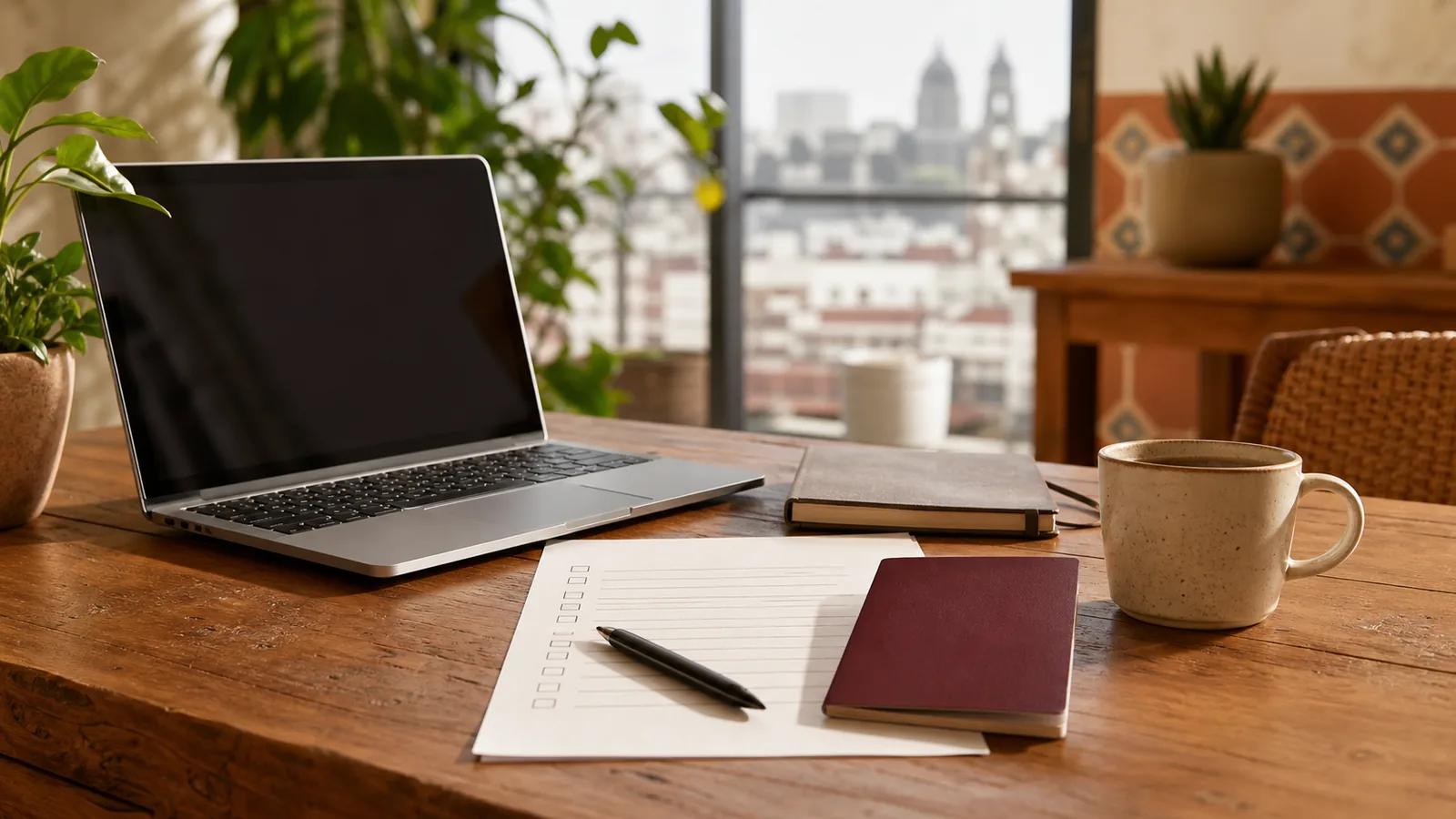 Remote-work residence planning desk in Mexico City with a checklist, burgundy travel document, laptop and coffee.