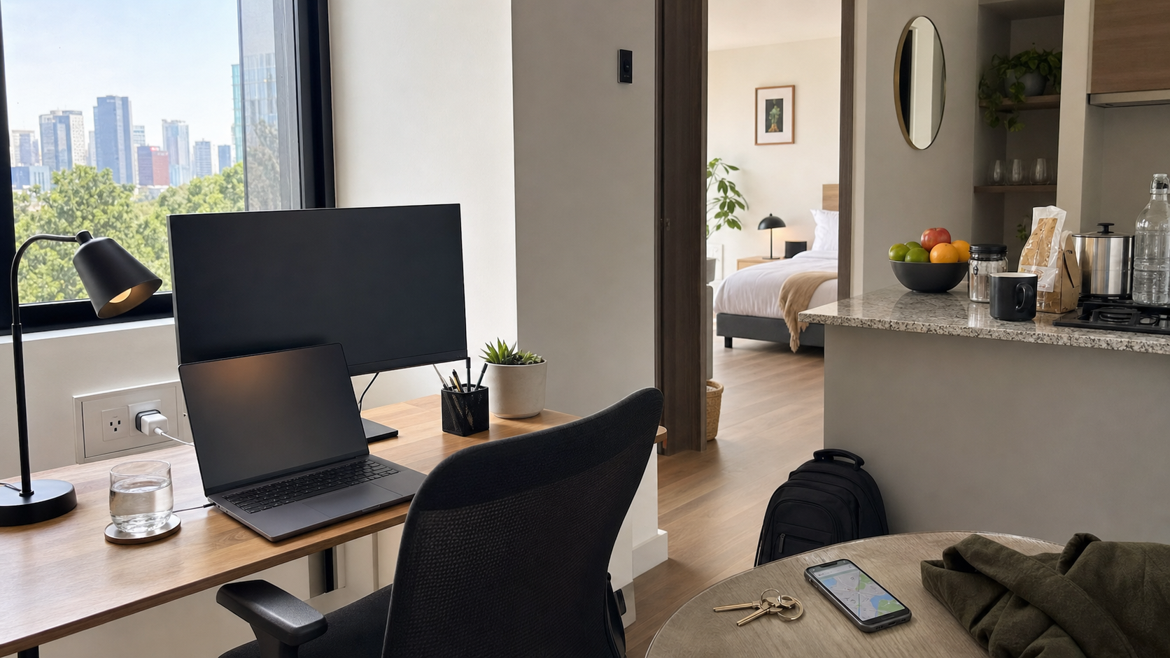 Furnished Mexico City monthly apartment prepared for a remote worker arrival with water, kitchen basics, workspace, quiet sleep setup, and clear check-in essentials.