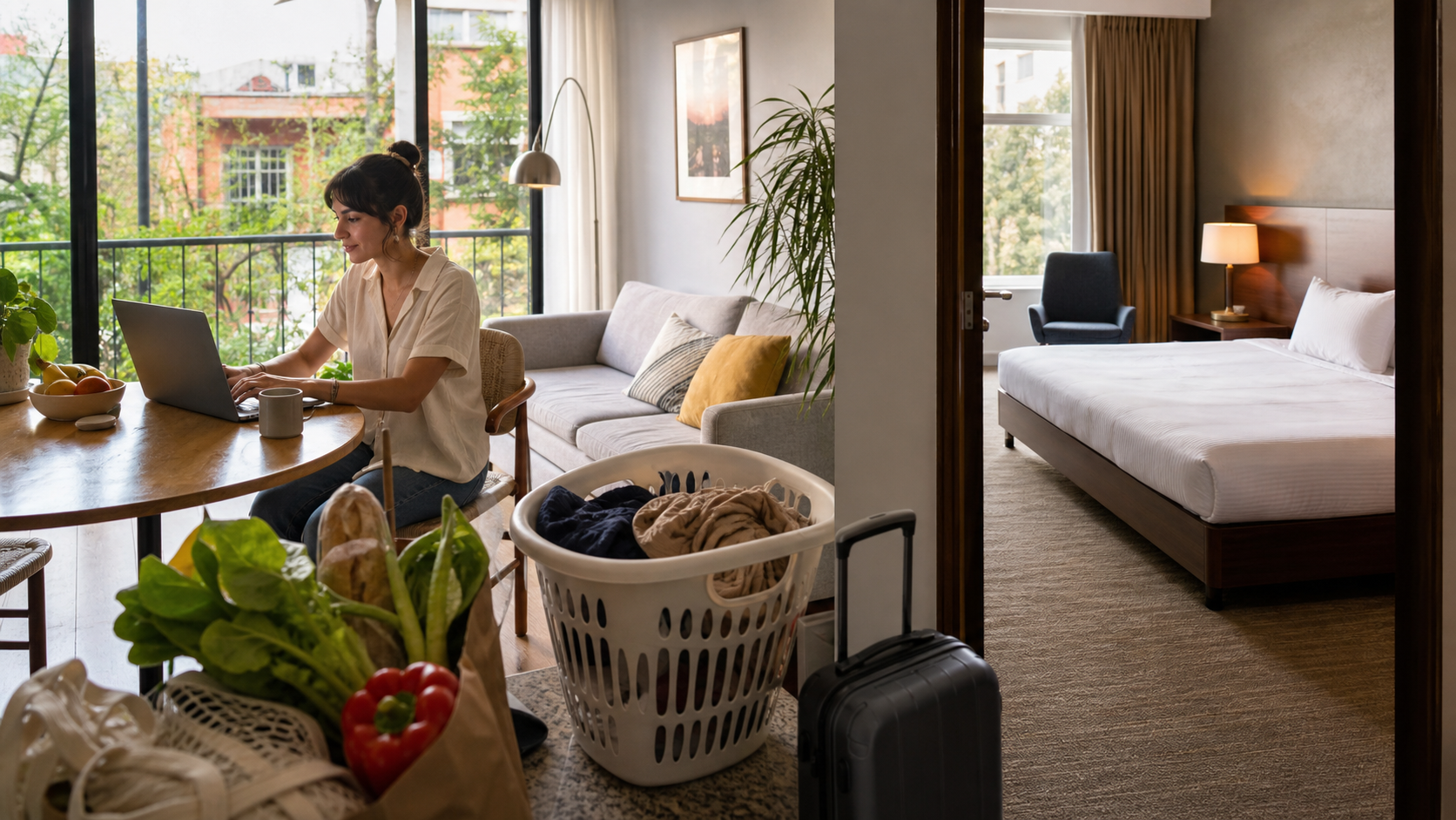 A furnished apartment setup with work, groceries, laundry, and luggage compared with a hotel room for a 30-night stay in Mexico City.