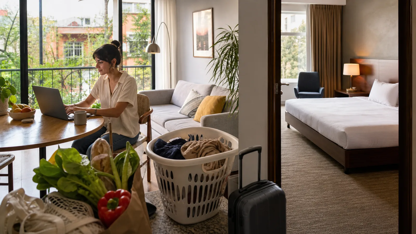 Side-by-side comparison of a Mexico City vacation rental apartment and a hotel room.