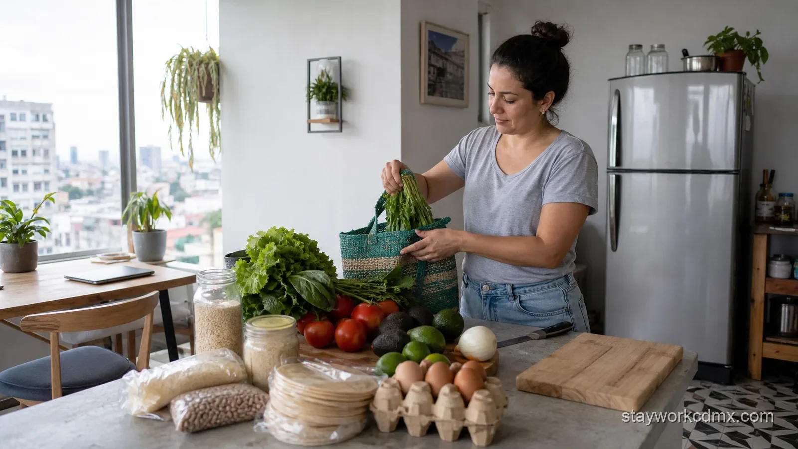 Remote worker unpacks local-market produce in a furnished Mexico City apartment kitchen for regular home-cooked meals.