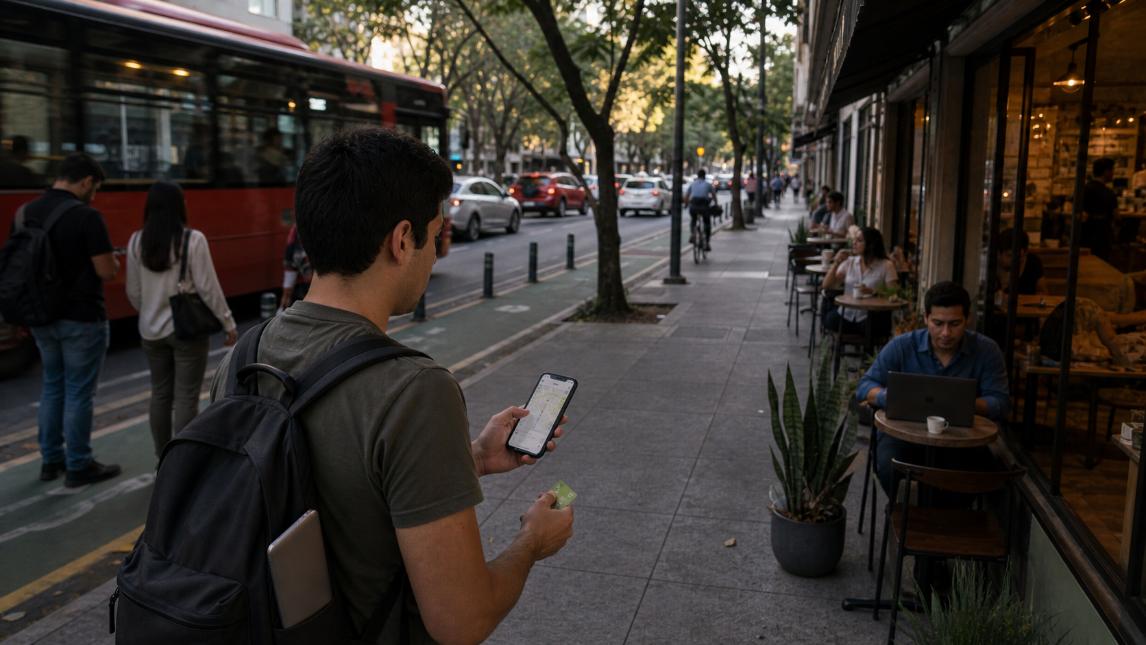 Nómada digital caminando hacia una cafetería en CDMX después de usar transporte público, con mochila, teléfono y laptop para una rutina semanal flexible de trabajo y movilidad.
