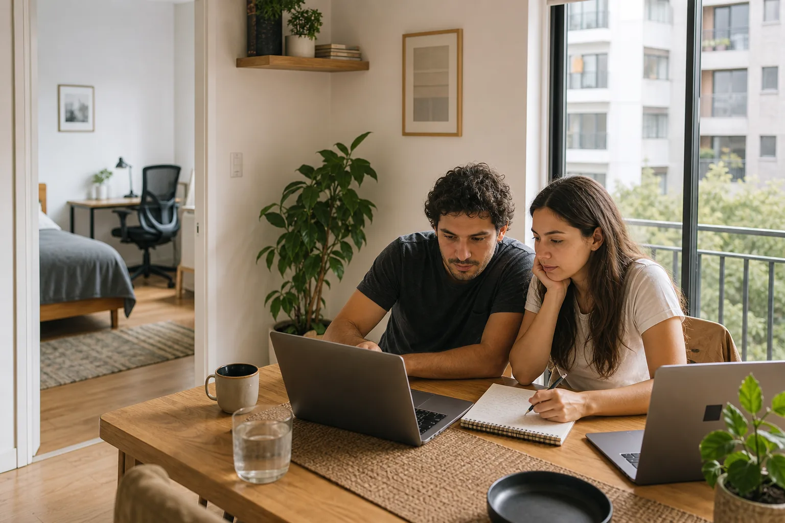 A remote-work couple reviews their budget at a dining table in a bright Narvarte two-bedroom apartment in Mexico City.