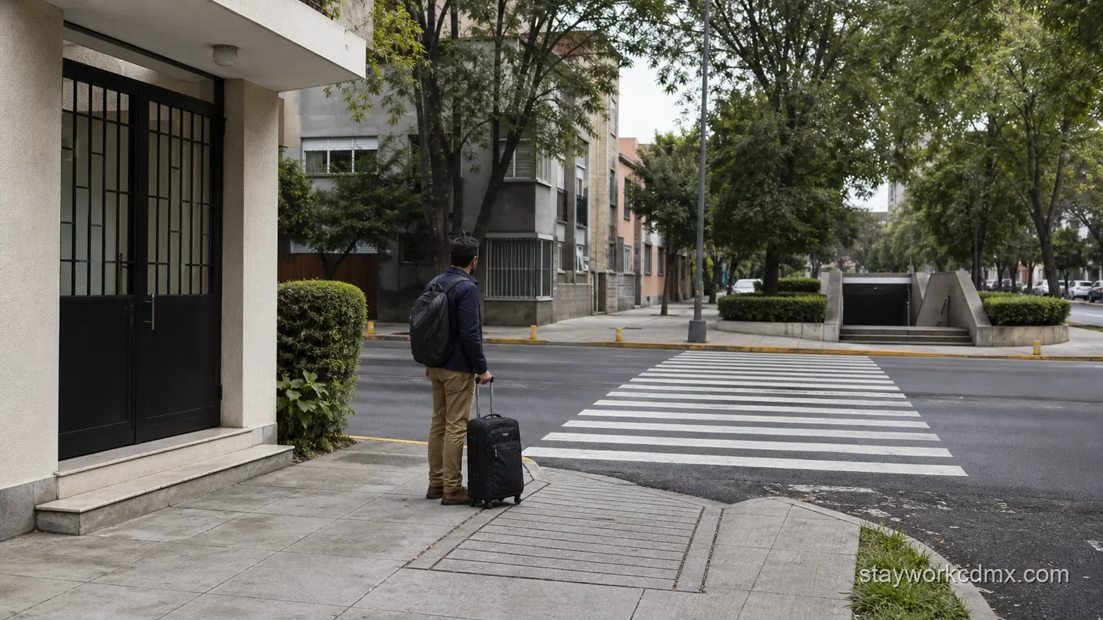 A Narvarte resident checks the flat curb-ramp route from an apartment entrance toward a nearby transit access point.