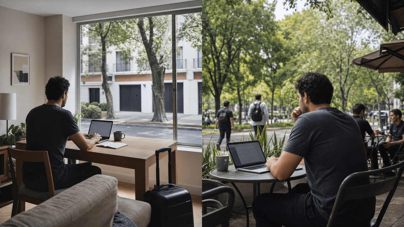 Comparación visual de una rutina de trabajo remoto en casa en Narvarte frente a una rutina híbrida entre cafetería y parque en Condesa.