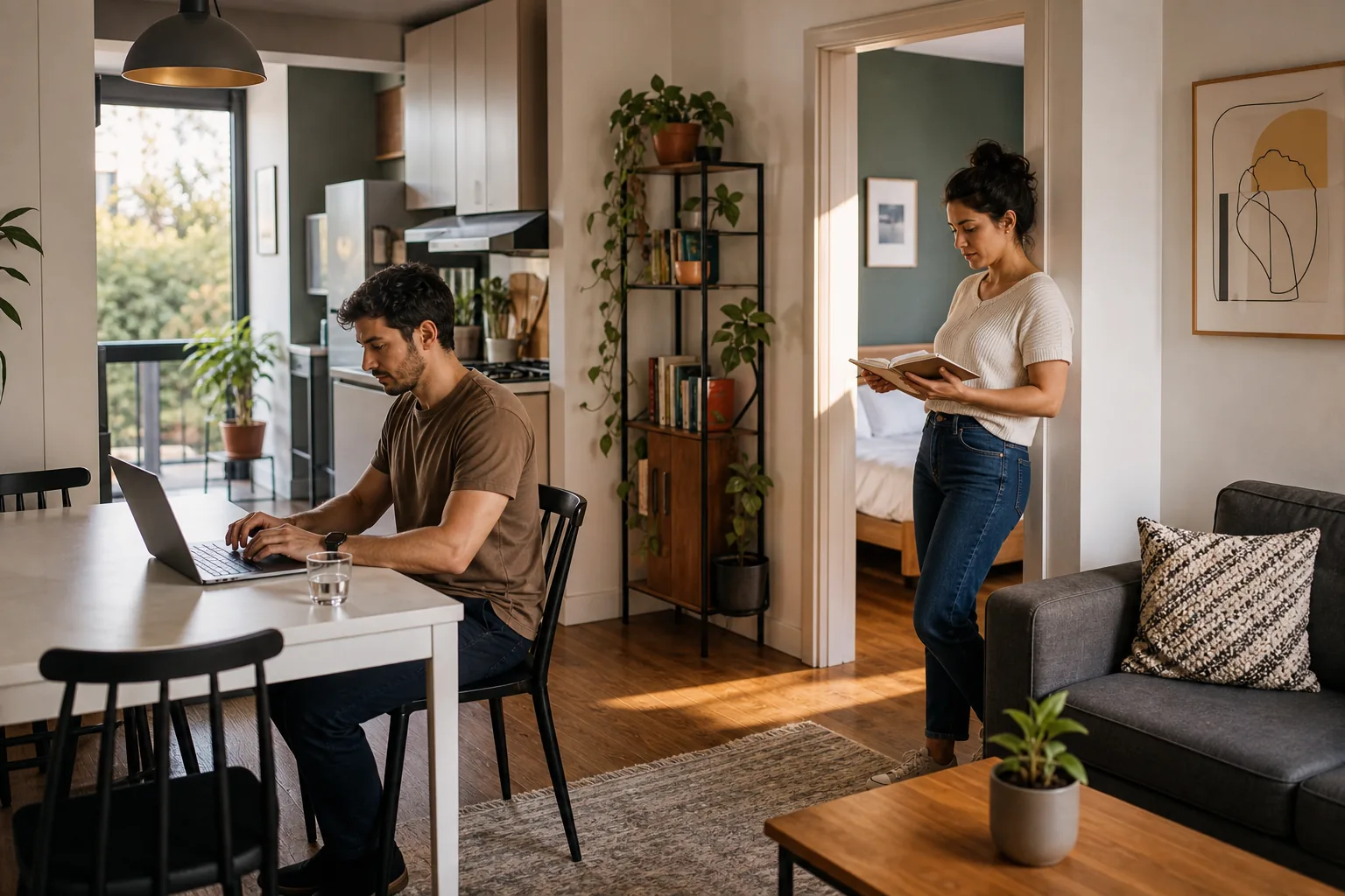 Remote-work couple reviewing laptops in a furnished Narvarte two-bedroom apartment before booking a monthly stay in Mexico City.