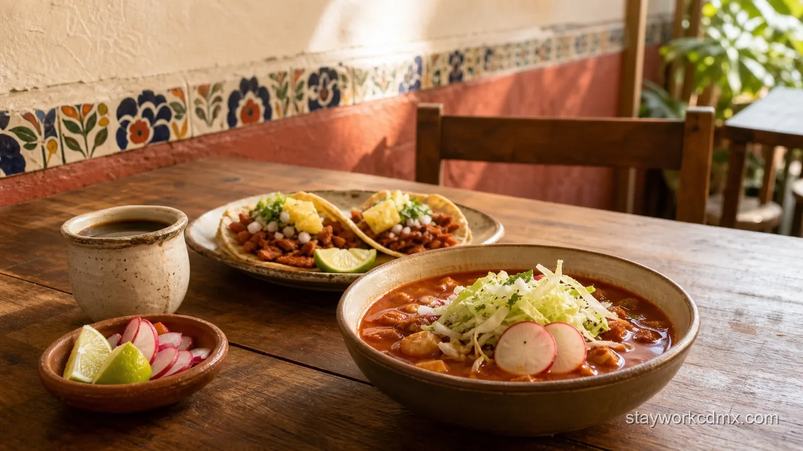 Pozole, al pastor tacos and coffee on a sunlit table in Narvarte, Mexico City