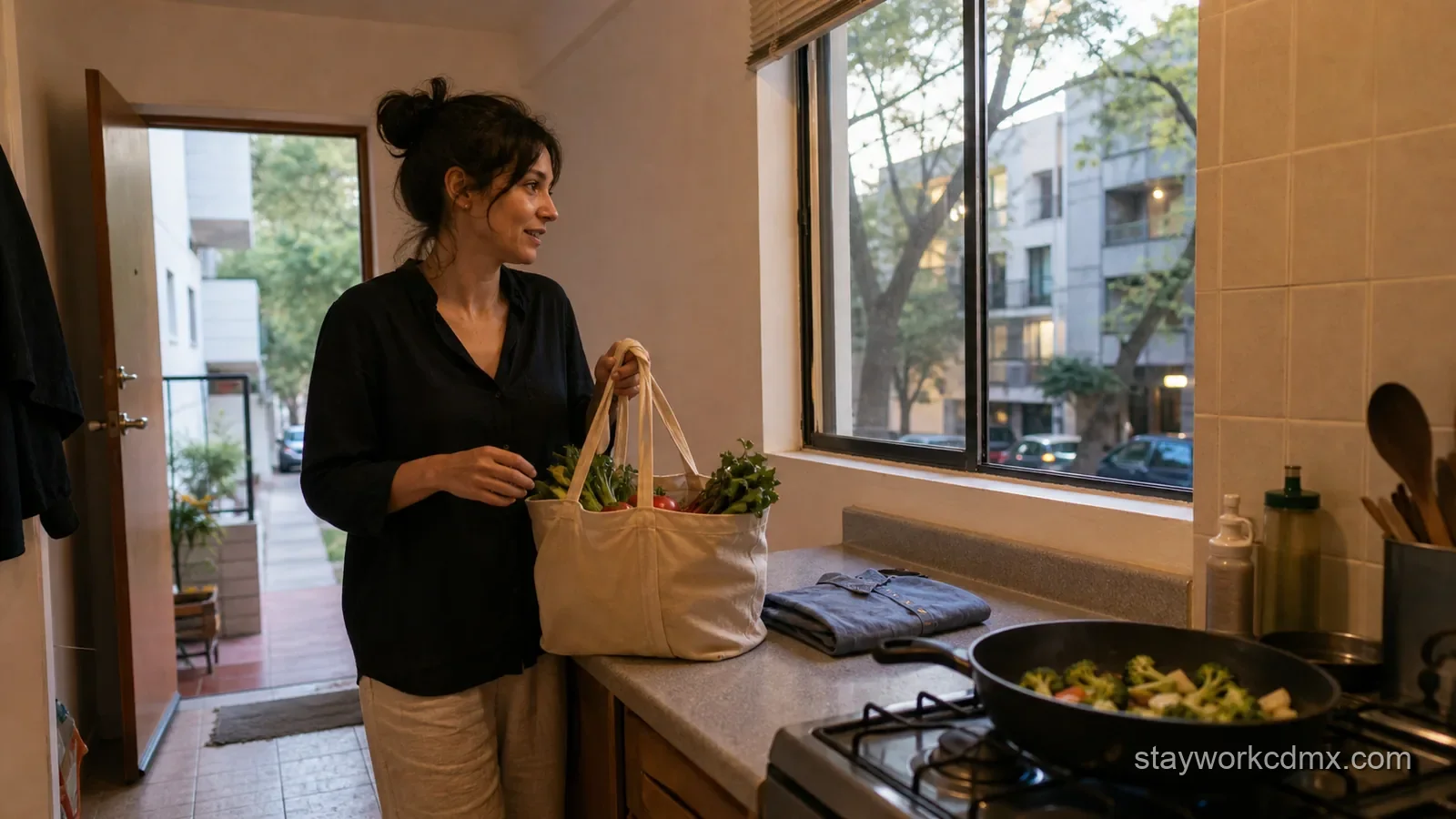 Monthly resident in Narvarte returning from groceries and a local errand to prepare a simple dinner at home.