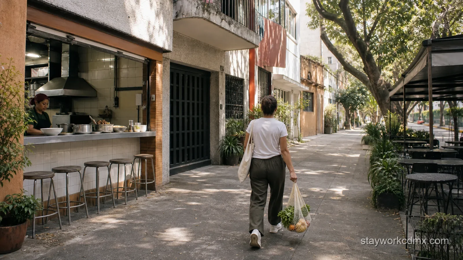A long-stay resident walks a Narvarte side street linking a grocery tote, a simple lunch counter, and a quiet café backup near home.