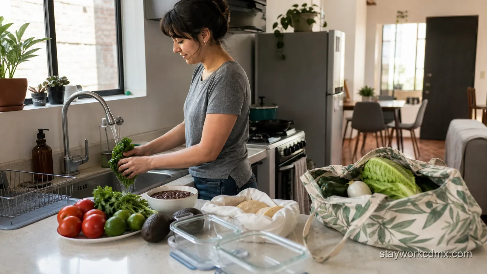A Narvarte long-stay resident prepares simple groceries and weekday meals in a bright apartment kitchen.