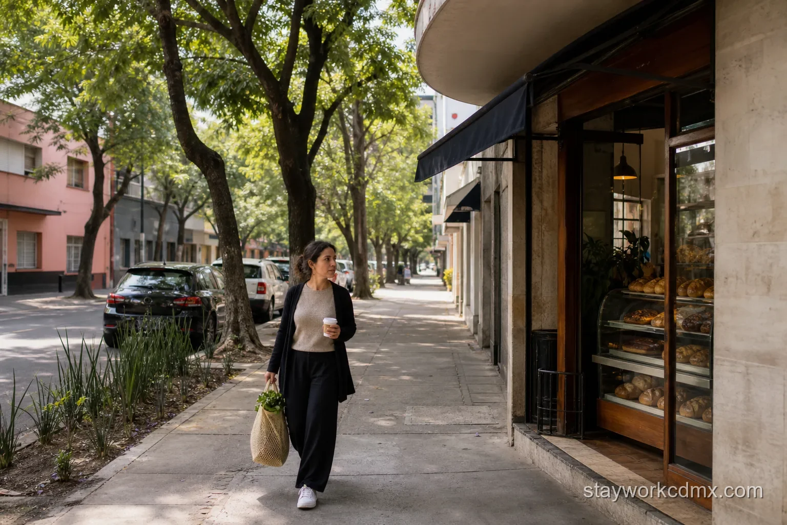 A Narvarte residential avenue with a local coffee and grocery walk