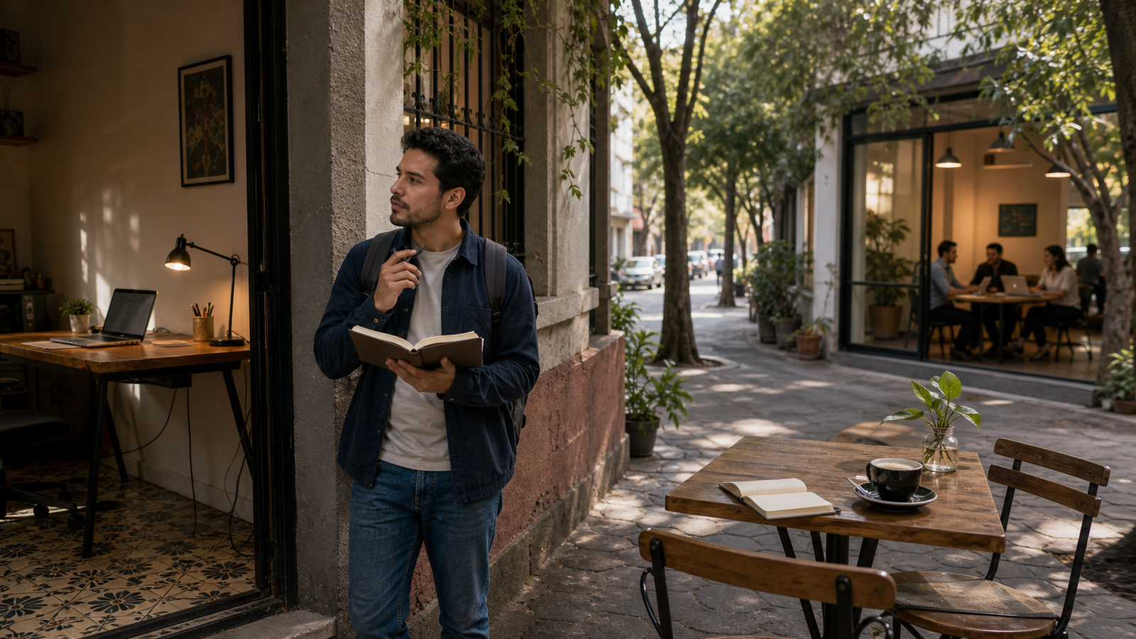 Trabajador remoto solo compara opciones entre escritorio en casa, café tranquilo y coworking de respaldo en Ciudad de México.