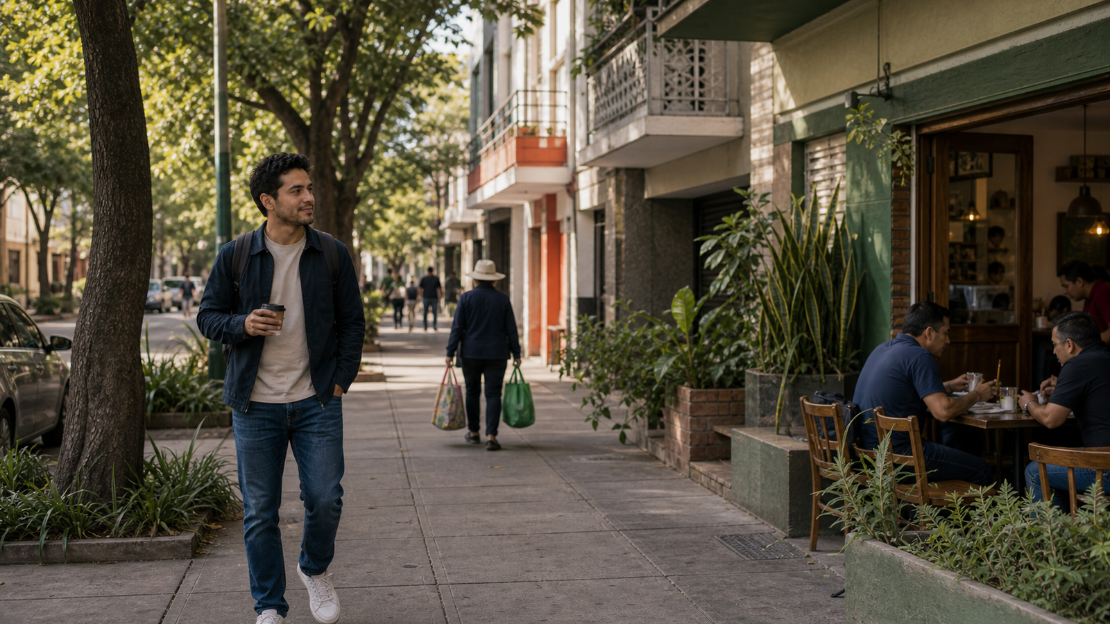 Calle residencial arbolada en Narvarte CDMX con vida cotidiana caminable para trabajadores remotos de larga estancia.